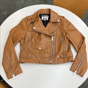 Worn 1x Walter Baker juls camel tan lamb leather moto jacket edgy rock and roll